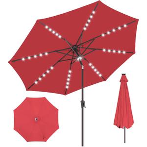 Solar Patio Umbrella Outdoor with Centre Light, 11 ft Red