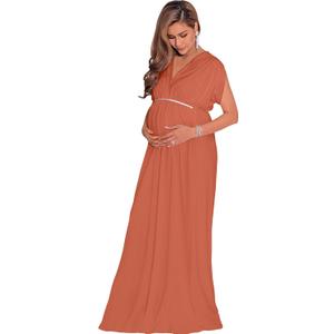 KOH KOH Womens Long Short Sleeve V-Neck Maternity Summer Flowy Gown Maxi Dress (Small, Coral)