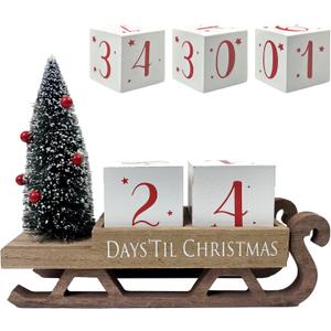 Christmas Countdown Blocks Santa Sleigh Advent Calendar 99 Days Christmas Tree Decorations Wooden Farmhouse Rustic Sign Xmas Party Holiday Dcor for Home Living Room, Mantel, Tiered Tray