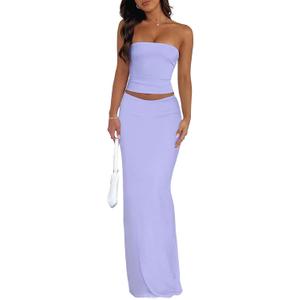 Goafuliy 2 Piece Skirt Sets for Women Summer, Floral Sleeveless Tube Top Bodycon Maxi Skirts Y2k Vacation Going Out Outfits (Purple, S)