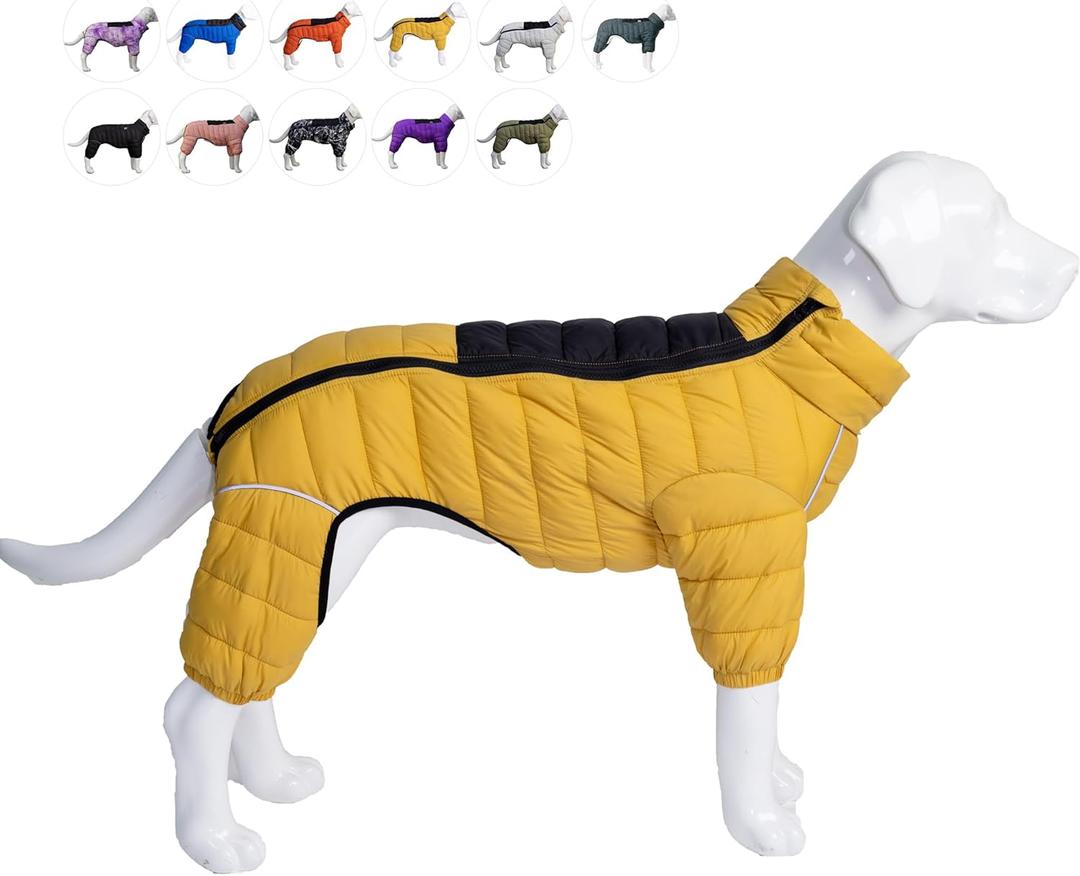 Warm Dog Coat, 4 Legs Covered Waterproof Windproof Reflective Jacket, Zippered Adjustable Outdoor Snow Vest for Small Medium Large Dogs Yellow XXXXL