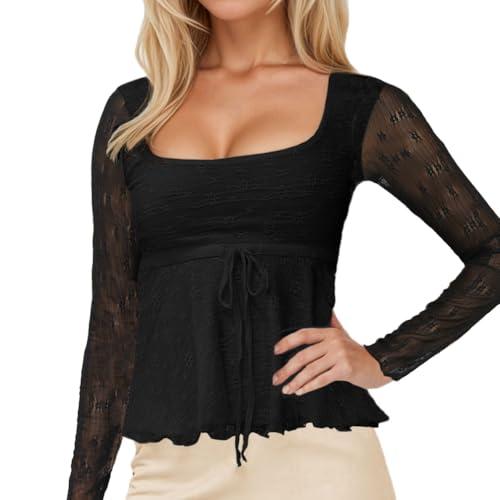 FWSAM Women Y2k Square Neck Sheer Mesh Ruffle Hem Babydoll Tee Shirt Long Sleeve Lace Up Lettuce Trim Layered Peplum Top Black S