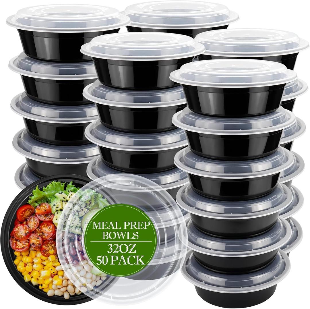 Meal Prep Containers Reusable 32oz - Meal Prep Bowls with Lids 50 Pack, Round Food Prep Bowls for Takeout, Disposable To Go Food Containers, Stackable, Leakproof, BPA-Free, Microwave/Freezer Safe