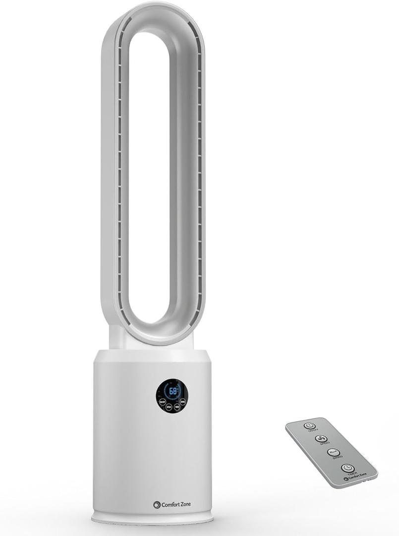 Comfort Zone 40-Inch Bladeless Tower Fan for Bedroom – Quiet Standing Fan with Remote Control, 9H Timer & Wide Area Oscillation – Turbocharged Airflow & Digital LED Display – White/Silver
