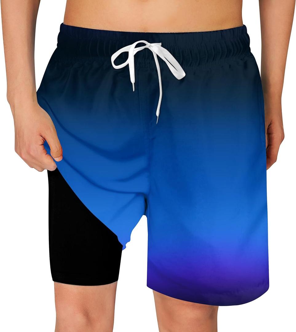 Cozople Boys Swim Trunks Quick Dry Compression Liner Swim Shorts Summer Bathing Suit with Inner Pocket Swimwear 7-20T (Fade Dark Blue)
