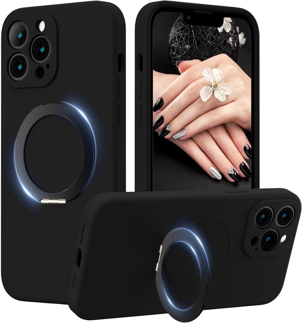 MCFANCE Magnetic Silicone Case with Stand for iPhone 13 Pro Max (6.7 inch) | Compatible with MagSafe, Shockproof Protection, Anti-Scratch Microfiber Lining | Black