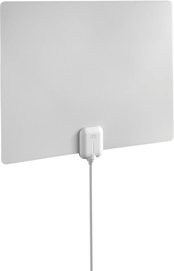 One for All 15584 HDTV 1080p Antenna Amplified Indoor Flat HDTV Indoor Antenna with 60 Mile Range & Signal Level Indicator -8 Feet Coaxial Cable – Black, White