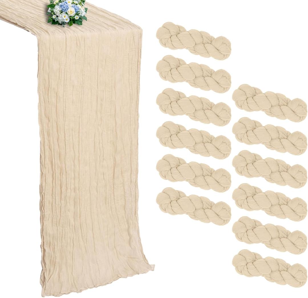 12 Pack Beige Cheesecloth Table Runner 10FT Boho Cheese Cloths Gauze Fabric Table Runners 120 Inch Rustic for Bridal Wedding Birthday Party Baby Shower Holiday Home Decorations