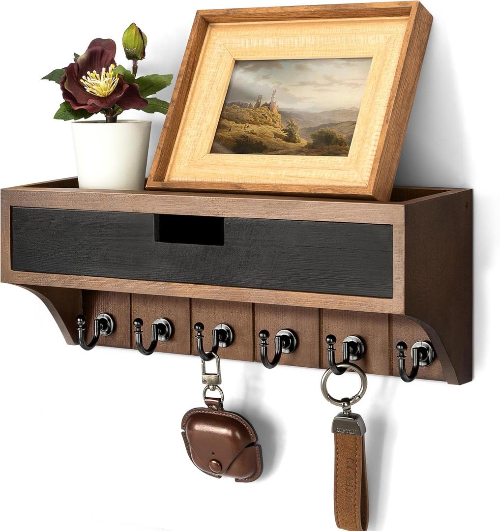 Rebee Vision Pine Wood Key Holder Wall Mount with Drawer Organizer Decorative Mail Organizer with 6 Key hooks and Wall Shelf - Modern Room Decor for Entryway or Living Room (Brown & Black)