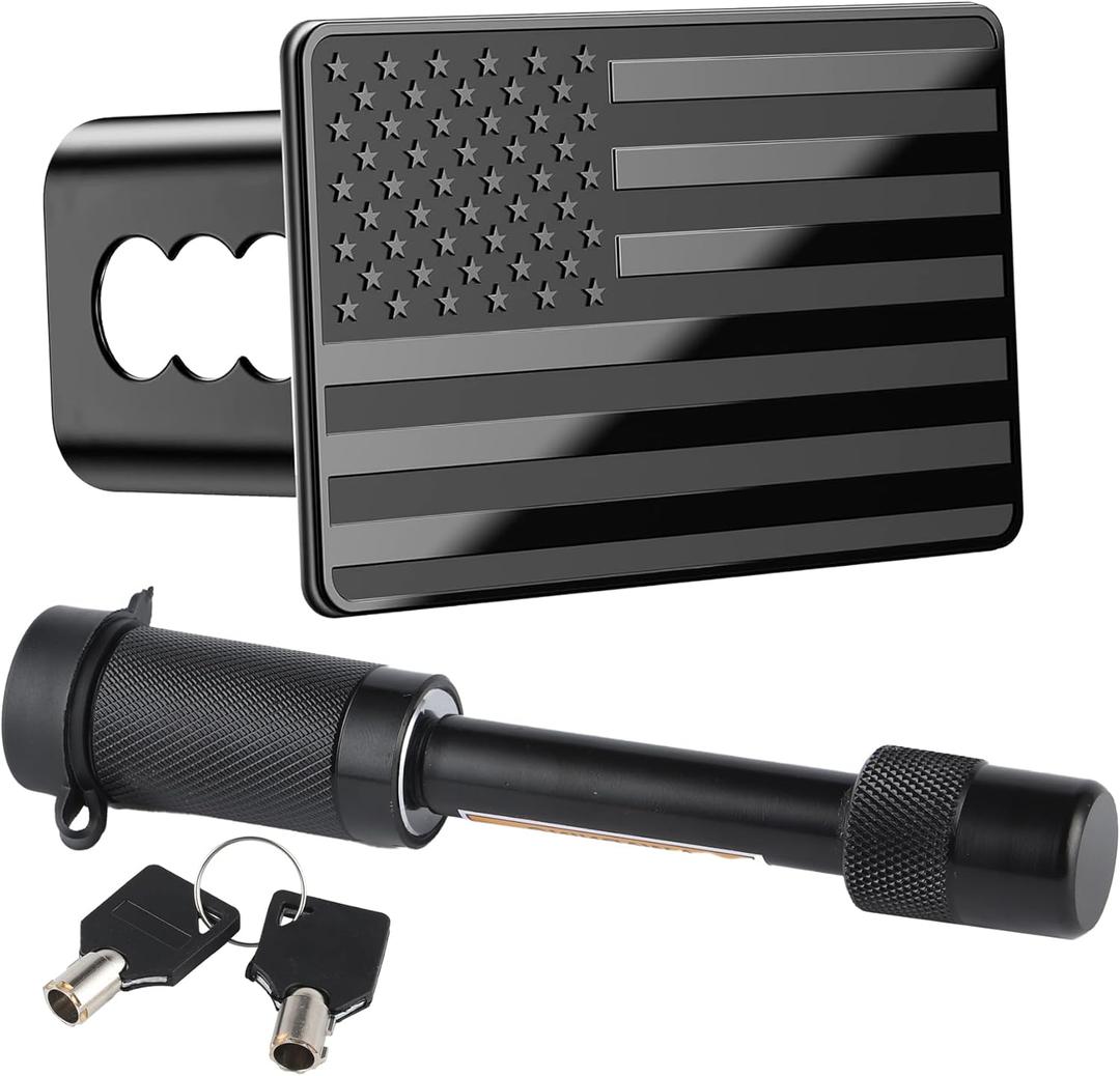 SINGARO Tow Hitch Cover, Heavy American Flag Metal Trailer Hitch Cover for 2 Inch Receivers, Ideal for Truck Accessories with 5/8-Inch Pin Diameter Trailer Hitch Lock (Black)