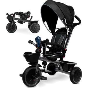 KRIDDO 7-in-1 Tricycle Stroller for Toddlers 18 Months to 5 Years, Adjustable Push Handle, Rotatable Seat, Cup Holder and Retractable Canopy, Folding Baby Trike w/Detachable Guardrail, Footrest, GY