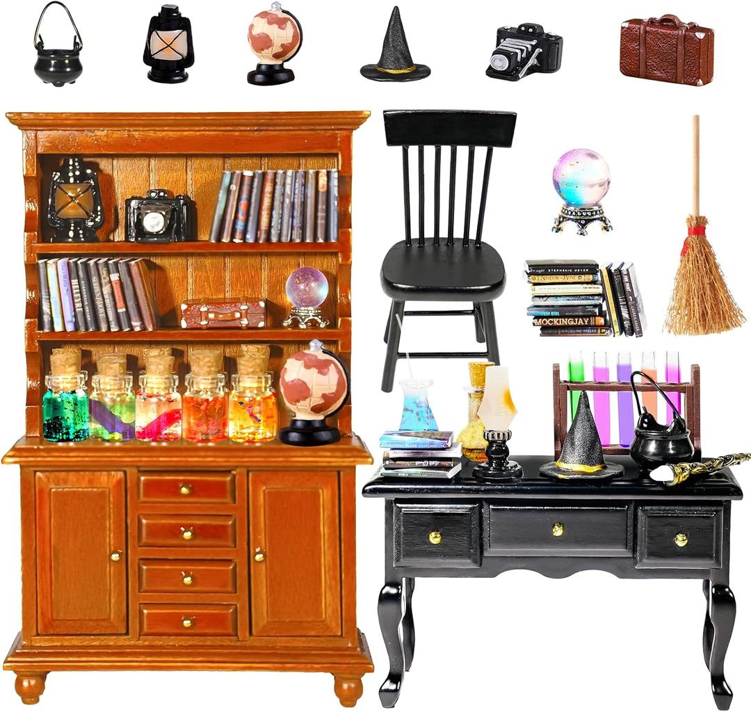 Rileryan 54 Pcs 1:12 Scale Magic Witchy House Kit Halloween Miniatures Furnitures Accessories Mini Wooden Bookshelf Bookcase 30 Mini Books Desk Chair Halloween Decoration Gift