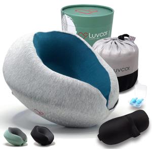 Premium Quality Memory Foam Travel Neck Pillow Bundle - Best Ergonomic Pillow for Airplane Travel, car Ride, Sleeping. Comes with Eye mask, earplugs and Storage Bag (Space Grey)