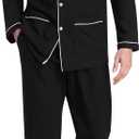 MoFiz Men's Pajama Set Soft Cotton Button Down Notched Collar Pjs Long Sleeve 2 Piece Sleepwear Lounge Nightwear with Pocket (Medium, Black)