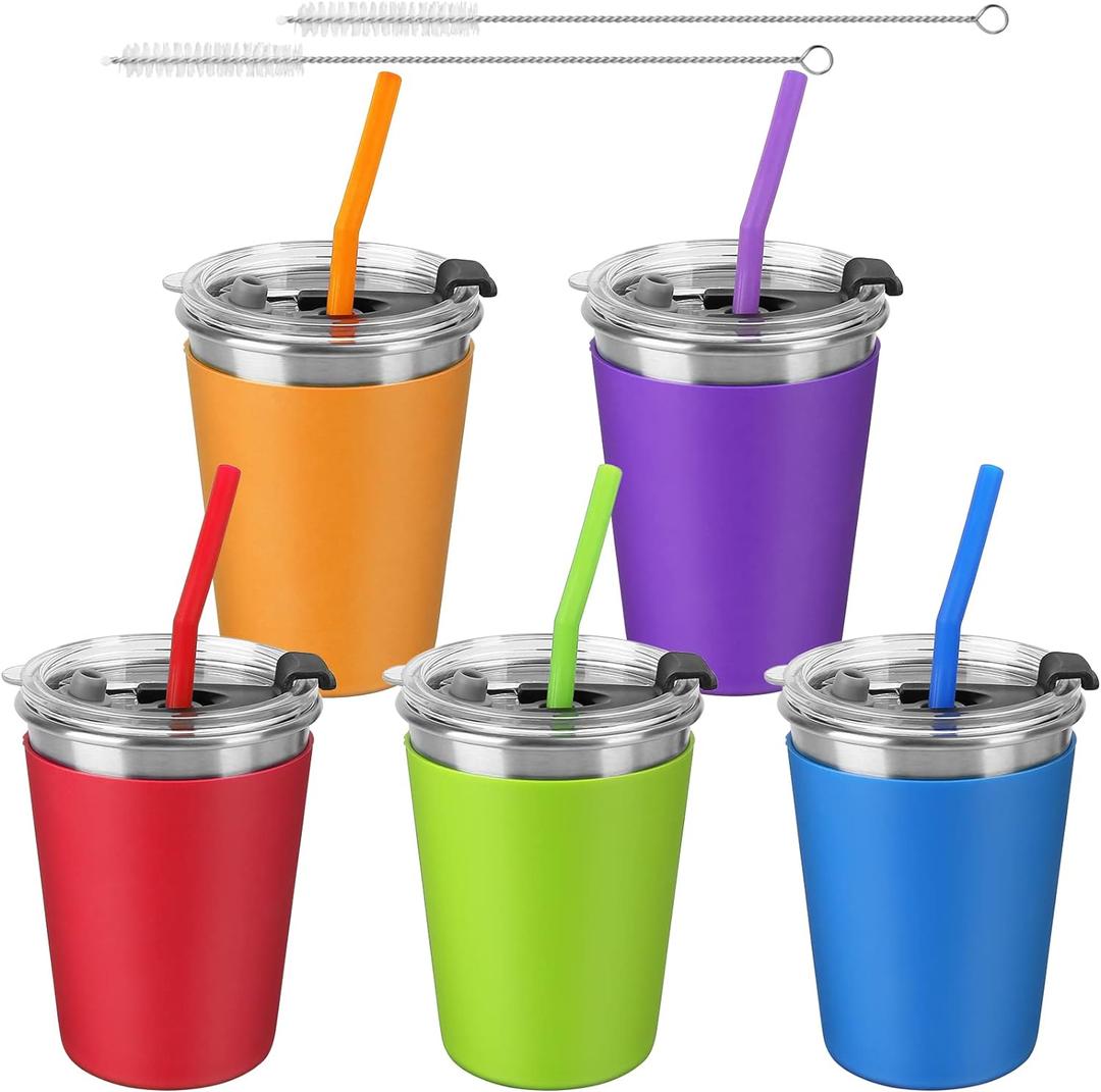 5Pack Kids Cups with Straws and Lids Spill Proof, 12oz Toddler Straw Cups with Colorful Silicone Sleeves, Unbreakable Stainless Steel Water Tumblers for Cold & Hot Drinks (12OZ with silicone straws)
