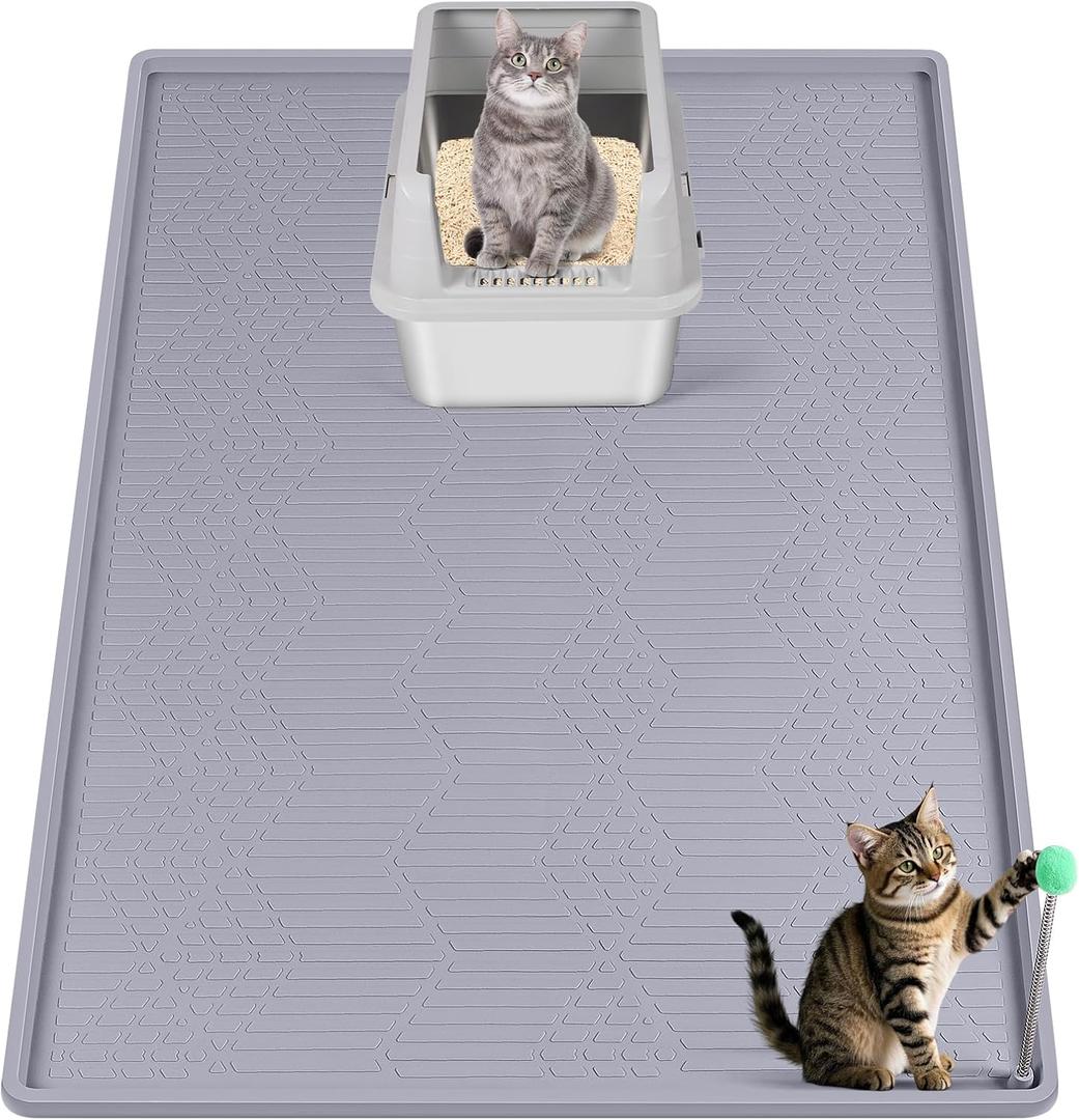 Large Cat Litter Mat with Toy Ball, 34'' x 22'' Silicone Cat Litter Trapping Mat for Scatter Control, Soft on Kitty Paws, Easy to Clean (Light Grey)
