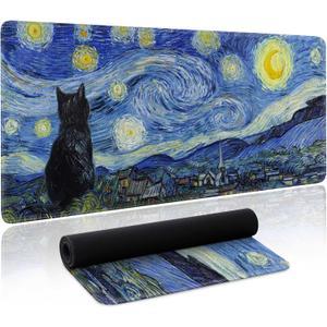 Starry Night Cat Gaming Mouse Pad Large Desk Mat Extended Keyboard Mouse Pad Anime Mousepad with Non-Slip Base and Stitched Edge Mouse Mat Desk Pad 31.5 x 11.8 Mouse Pads for Desk Home Office Gaming