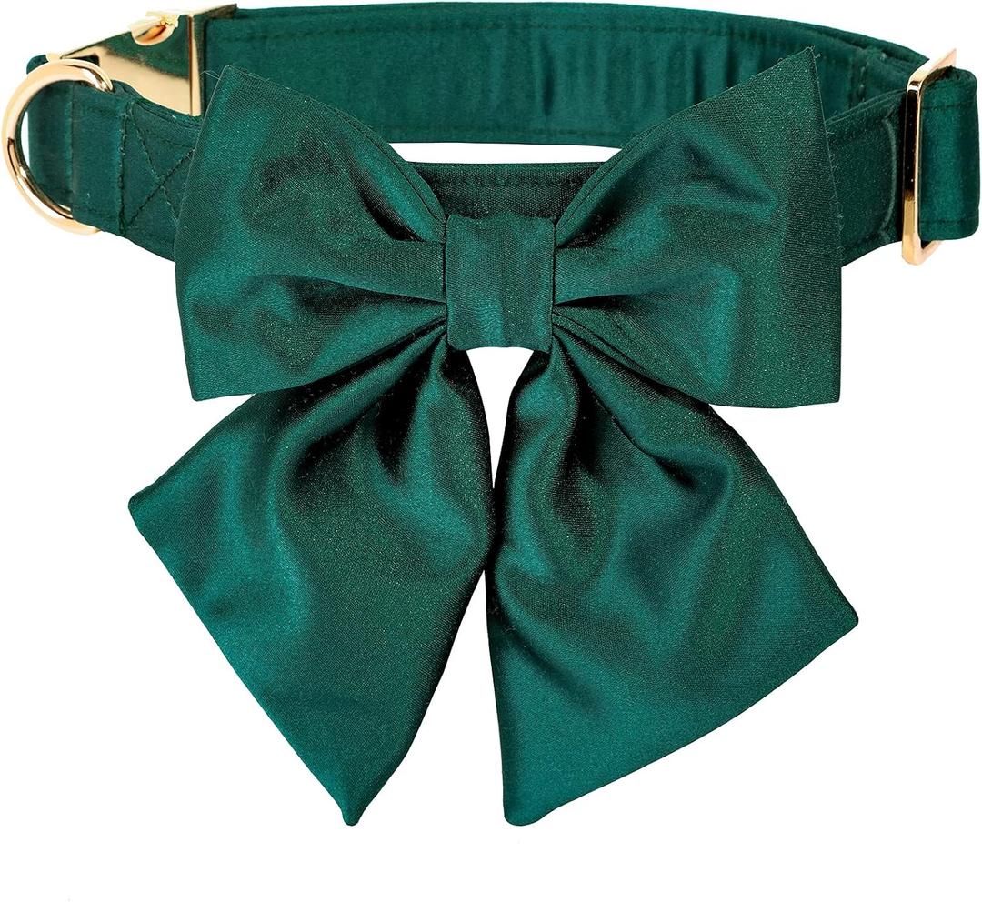 Lionet Paws Bowtie Dog Collar - Comfortable Silk Dog Collar with Detachable Bow Tie for XLarge Dogs, Neck 16-26 Inches (Black Green)