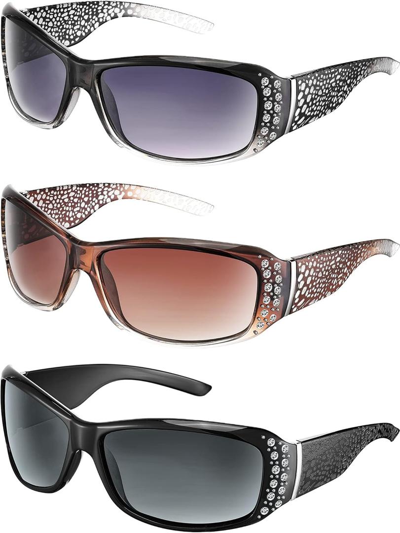 Frienda 3 Pairs Rhinestone Sunglasses Women Men Retro Wrap Around Glasses Crystal Oversized Trendy Bling Vintage Sunglasses (Elegant Color)
