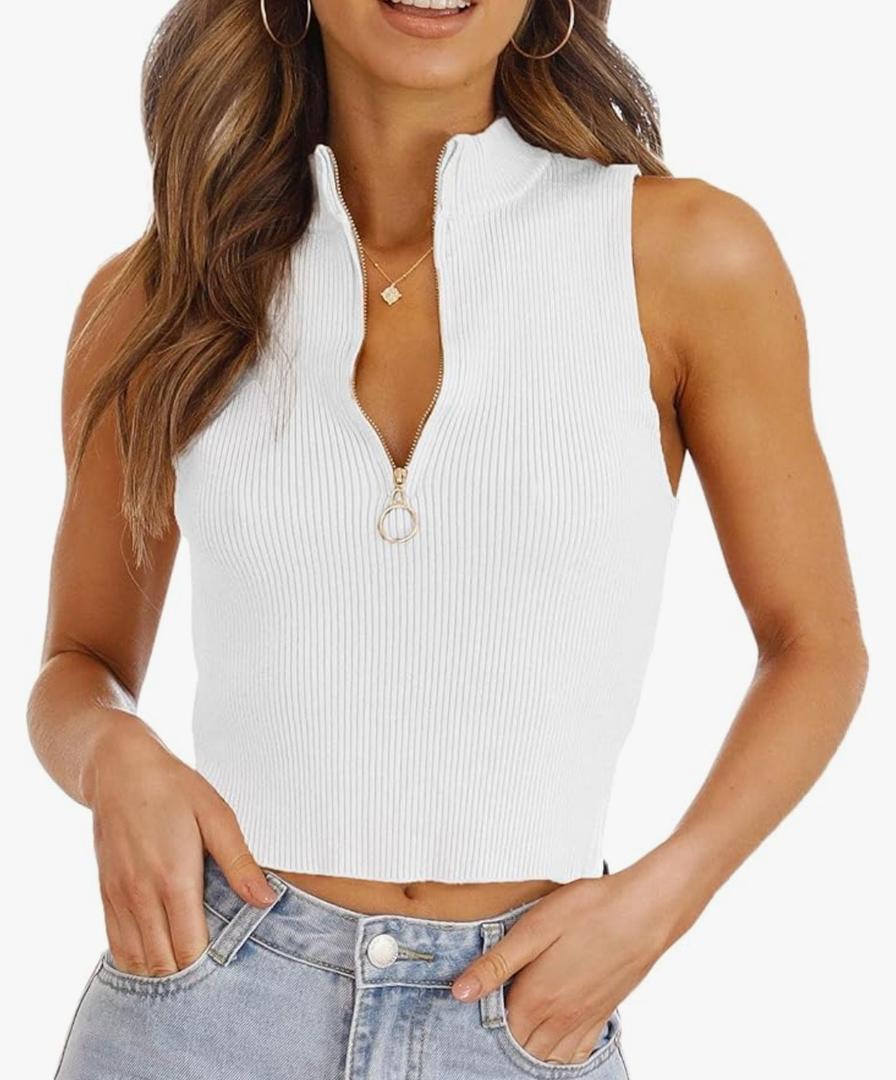 Womens Summer Zipper Knit Crop Tops Going Out Sweater Tank Fashion Sexy Y2k Sleeveless Shirts S