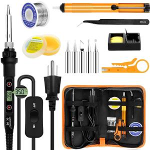 Soldering Iron Kit 80W LCD Adjustable Temperature 180-520 Solder Kit Electronics 13 in 1 Welding Tools with ON/OFF Switch, Solder Wire, Flux, 5 Soldering Tips, Desoldering Pump, Stand, Tweezers