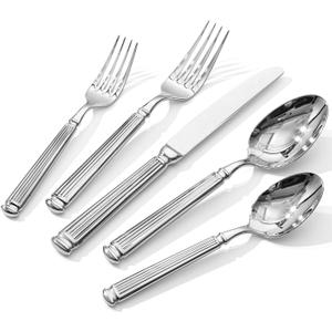 KINGSTONE Silverware Set, 60-Piece 18/10 Stainless Steel Flatware Set - Roman Column Embossed Thick Handle, for Wedding, Home, Restaurant, Kitchen and Party, Mirror Polish & Dishwasher Safe