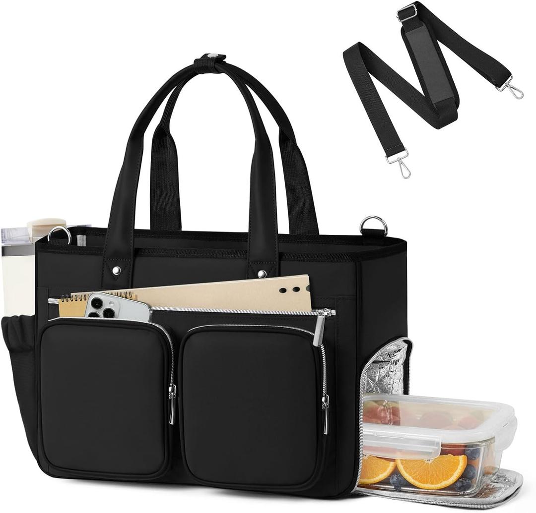 TOPEAST Work Bag for Women, Lightweight Nurse Tote Bag with Food Compartment, Teacher Work Tote with Water Bottle Holder (Black)