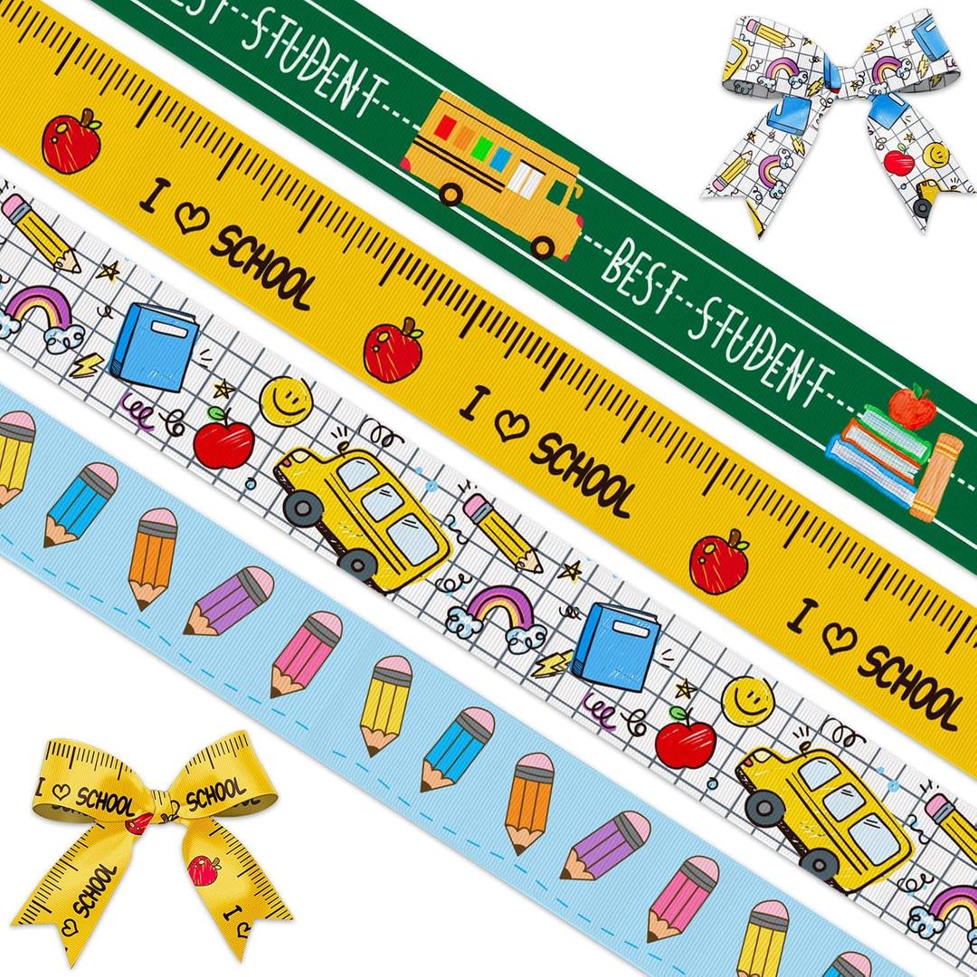 4 PCS Back to School Ribbons for Crafting, 1" Width Grosgrain Ribbon Yellow Green Ribbon Preschool Pencils Apples Craft Ribbons for Kindergarten Decorations Sewing DIY Crafts Supplies