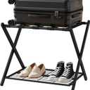 Smuxee Fully Assembled Black Luggage Rack, Foldable Iron Suitcase Stand with 5 Nylon Straps, Luggage Holder with Shelf for Guest Room Bedroom Hotel
