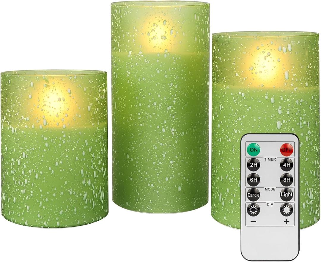 Green Flameless Candles with Remote, LED Flickering Battery Operated Pillar Candles with Time, Safe for Home Decor, 3 Sizes (3x4, 3x5, 3x6), No Flame, Ideal for Parties and Events