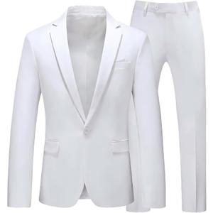 MOGU Men's Slim Fit 2-Piece Tuxedo Suit One-Button Jacket & Pants Set for Wedding, Prom, and Formal Events (White, XS)