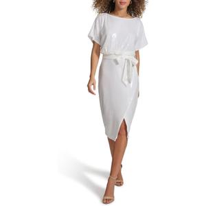 Kensie Womens Short Sleeve Tie Waist Midi Dress (Size 2, White)
