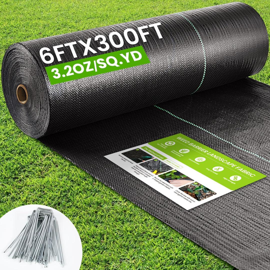 Rintea 6FTX300FT Weed Barrier Fabric, 3.2oz Landscape Fabric, Durable Weed Barrier Fabric Heavy Duty with 20 U-Shaped Securing Pegs for Landscaping Weed Blocker Garden Bed Cover, Commercial Driveway