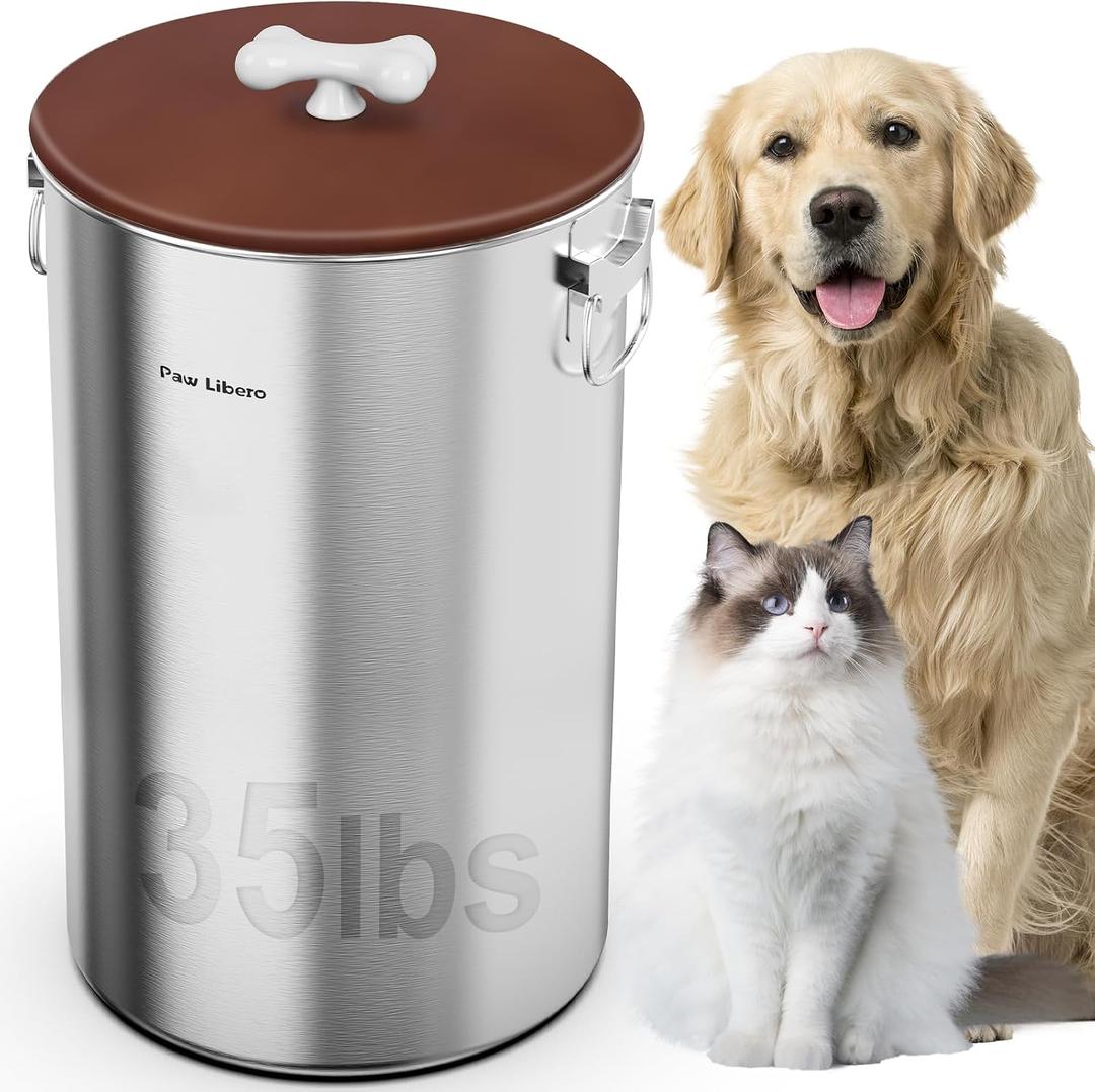 Paw Libero 35 Lbs Stainless Steel Dog Food Storage Container with Airtight Lid & Ceramic Bone Handle, Large Metal Dog Food Bin for Dogs & Cats, Keep Fresh, Easy to Clean