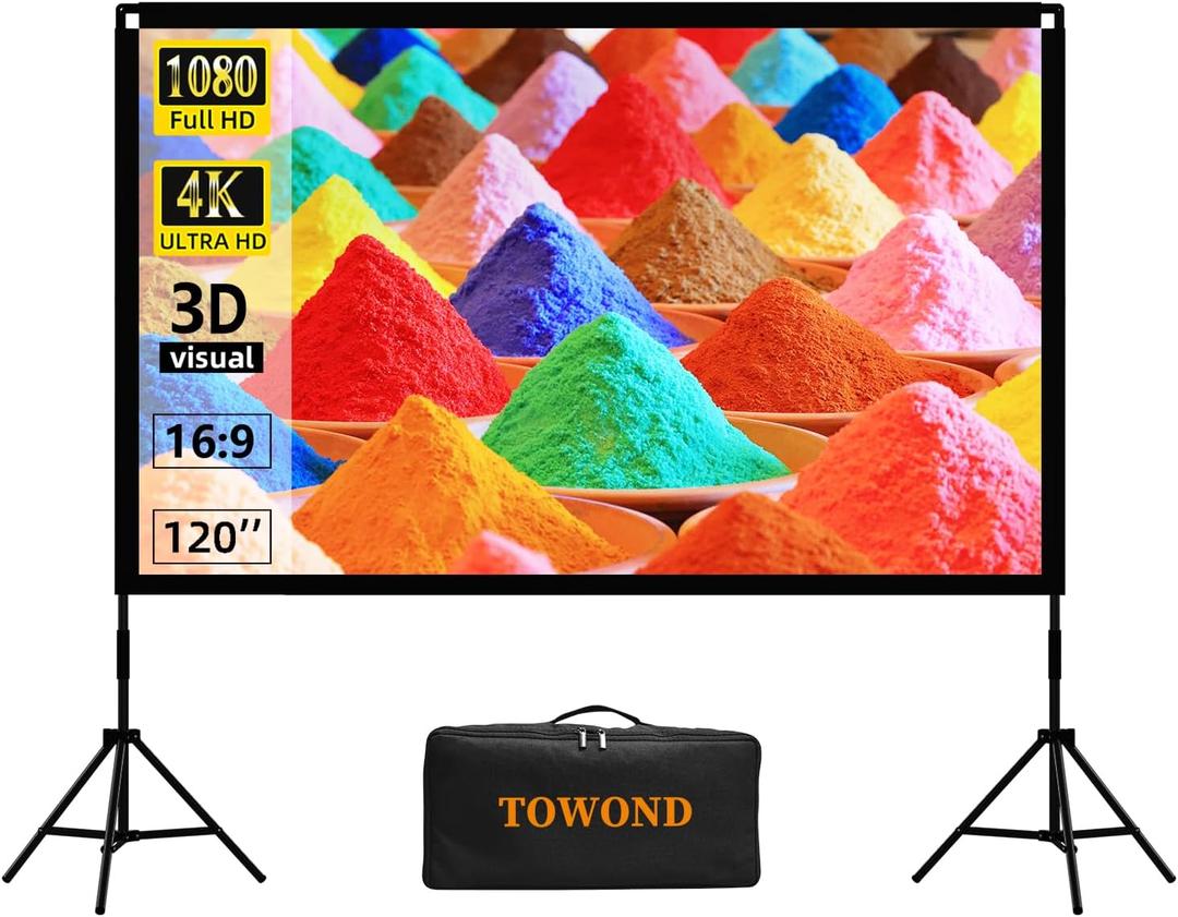 Towond Projector Screen with Stand, Towond 120 inch Portable Movie Screen Indoor Outdoor 16:9 HD Front Rear Projection Screen with Carry Bag Wrinkle-Free and Foldable Polyester Fabric Design for Home Theater