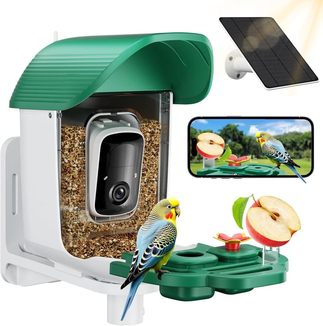 Bird Feeder with Camera, Solar Powered Outdoor Birdhouse, 2K HD AI Smart Identify Birds Species, Instant Motion Detection & Alerts, Capture Bird Video, Gifts for Mom Dad and Bird-Lovers (Green)