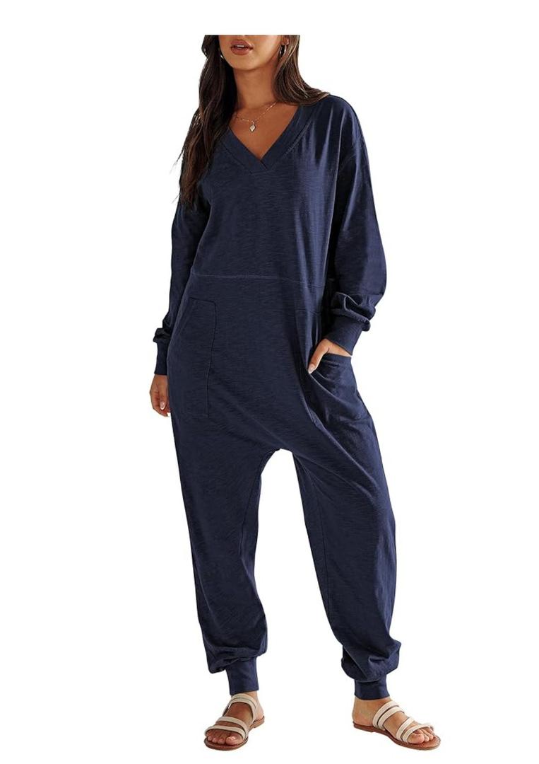 ANRABESS Jumpsuits for Women 2025 Fall Long Sleeve Casual Loose Fit Romper Lounge One Piece Pajamas Outfits Jumper, Small, Deep Blue 