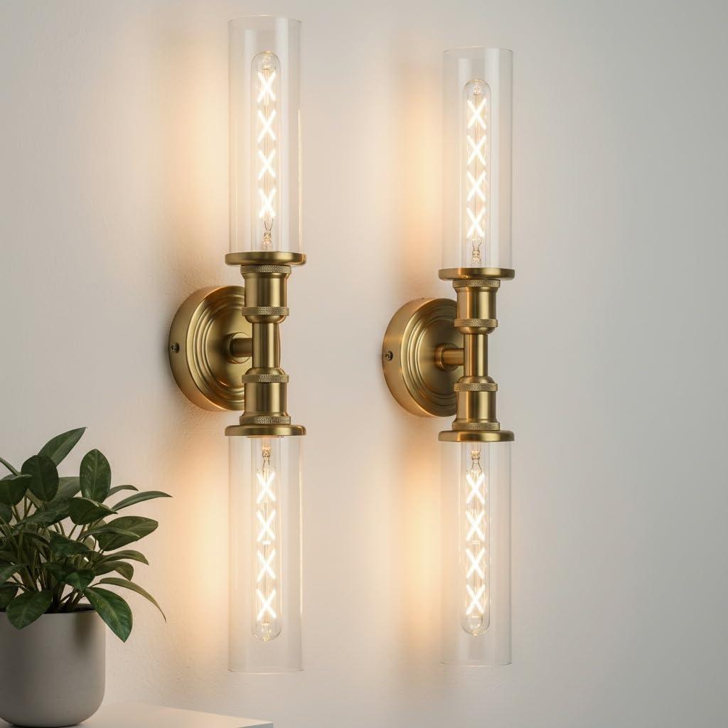 Ken & Ricky 24In Wall Sconces Set of Two, Brushed Gold Bathroom Sconces Wall Lighting with Clear Glass, Vanity Lights for Bathroom Bedroom Living Room Hallway KR3376-W-BG-2PK