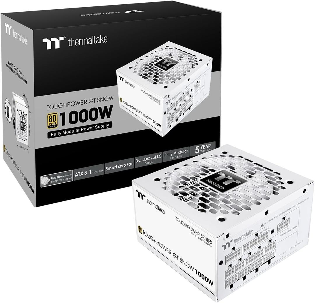 Thermaltake Toughpower GT 1000W; ATX 3.1; Native PCIe 5.1 12V-2x6; Full Modular; Flat Cables; Color Matched Connectors; Japanese Main Capacitors; 80 Plus Gold; 140mm; Snow; PS-TPT-1000FNFAGU-W