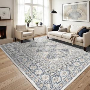 12x15 Area Rug for Living Room: Vintage Oriental Washable Rug for Bedroom Dining Room with Non Slip Rubber Backing Stain Resistant Low Pile Large Carpet Home Office (Blue, 12x15)