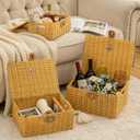 Wicker Storage Baskets with Lids, Set of 3 Decorative Storage Boxes For Organizing, Woven Baskets with Leather Lock and Handles (Beige)