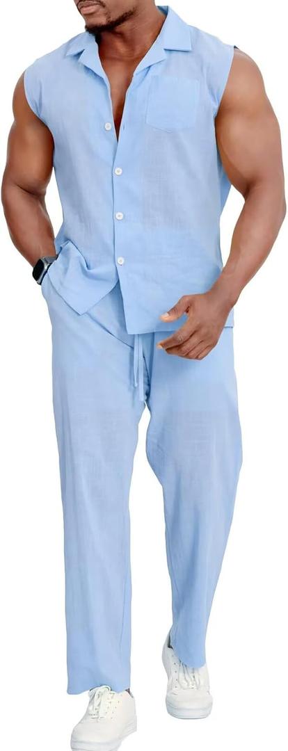 Mens Linen Sets 2 Piece Outfits Sleeveless Shirt and Pants Set Vacation Outfit for Men Summer Beach Suits (Blue, XL)