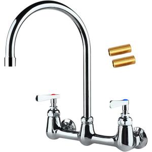 COOLWEST Commercial Wall Mount Faucet 8 Inch Center with 8" Gooseneck Swivel Spout, 2 Handles Heavy Duty Brass Kitchen Sink Faucet, Chrome Finish