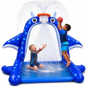 Sprinkler Splash Pad for Kids: Manta Ray Sprinkler with Basketball Hoop, Inflatable Water Play Mat, Outdoor Water Toys for Backyard Summer Play, for Toddlers and Kids Ages 1-3, 4-8, 8-12