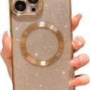 MGQILING Compatible with iPhone 12 Pro Max Magnetic Glitter Case, Luxury Plating Cute Bling Clear Phone Case, Compatible with MagSafe for Women Girls with Camera Protector Back Cover - Gold