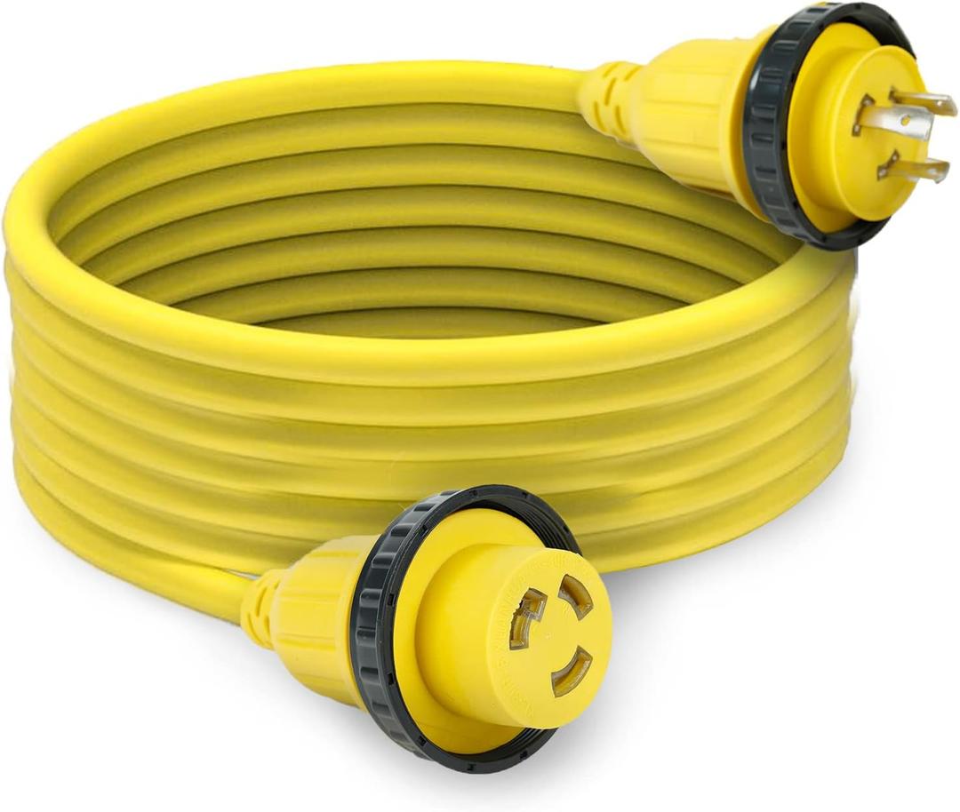 25ft 30Amp 125V RV Power Wire Cord Marine Shore Boat L5-30 Yellow 25 Feet Heavy Duty Electrical Power Cable, NEMA L5-30P to NEMA L5-30R