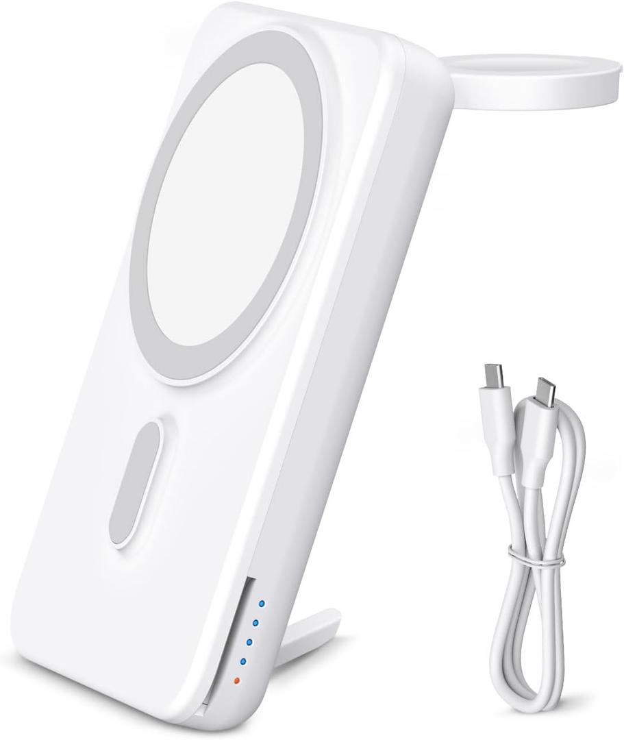 DDUAN 10000mah Mag-Safe Power Bank, Wireless Battery Pack with USB-C Cable, 2 in 1 Portable Phone Charger Watch Fast Charger Compatible with Phone 15/14/13/12, Apple Watch All Series (White)