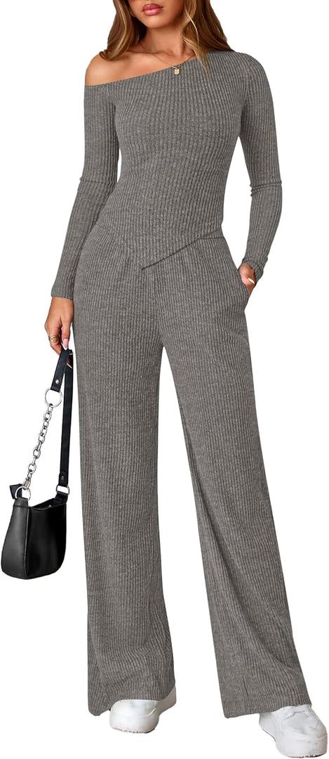PRETTYGARDEN Fall Two Piece Sets For Women 2026 Off Shoulder Tops Long Pants Knit Matching Lounge Set Airport Travel Outfits(Grey,Large) (Gray, M)