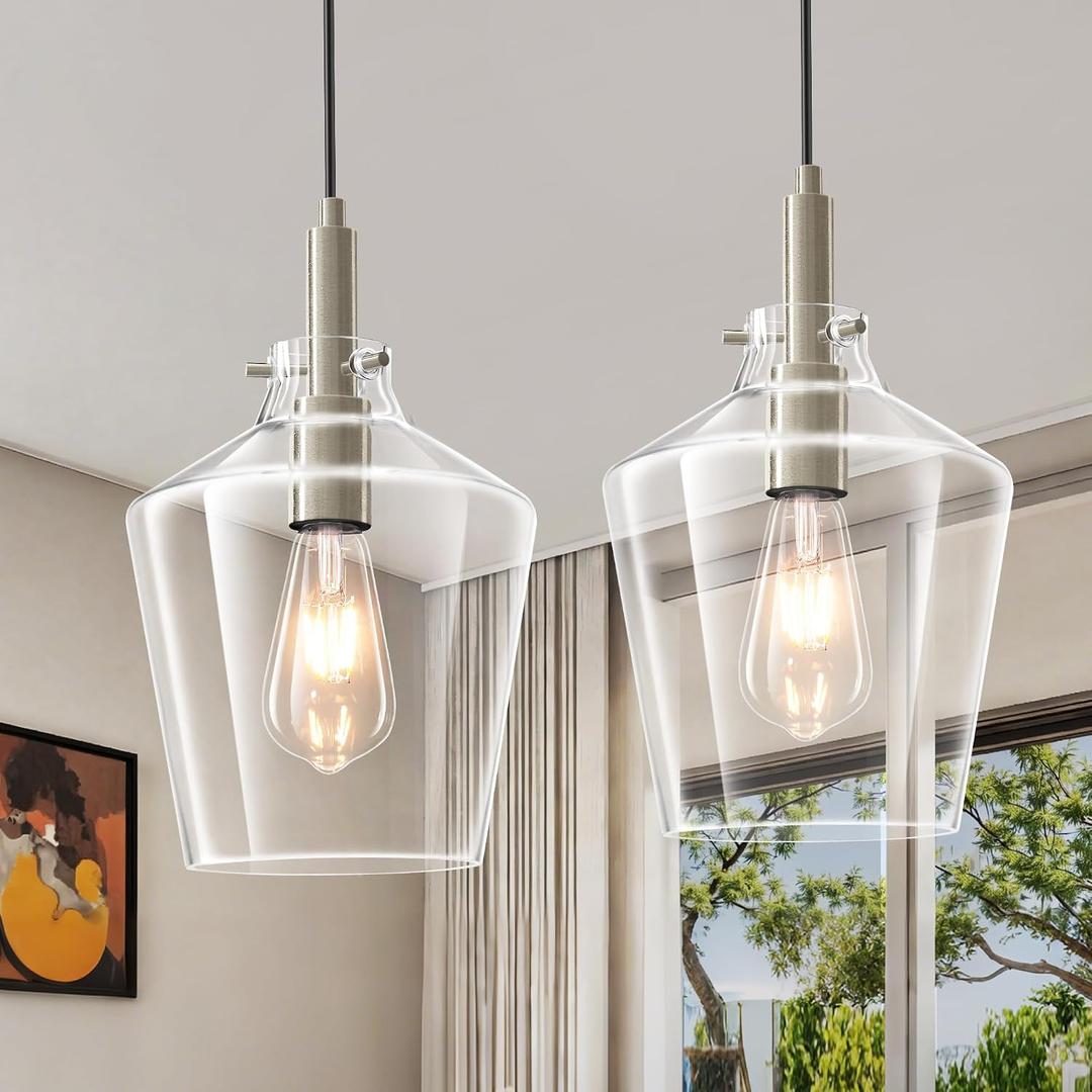 Glass Pendant Lighting for Kitchen Island Foyer 2 Pack Nickel Clear 8 Inch