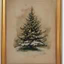 Gold Framed Vintage Christmas Tree Wall Art Decor Classic Holiday Canvas Print Poster Rustic Moody Natural Winter Evergreen Painting Antique Christmas Picture Decorations 12x16inch (Style-4)